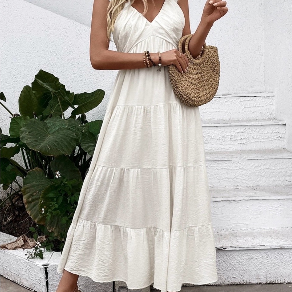 Women's Cream Tiered Maxi Dress - Elegant Summer Style